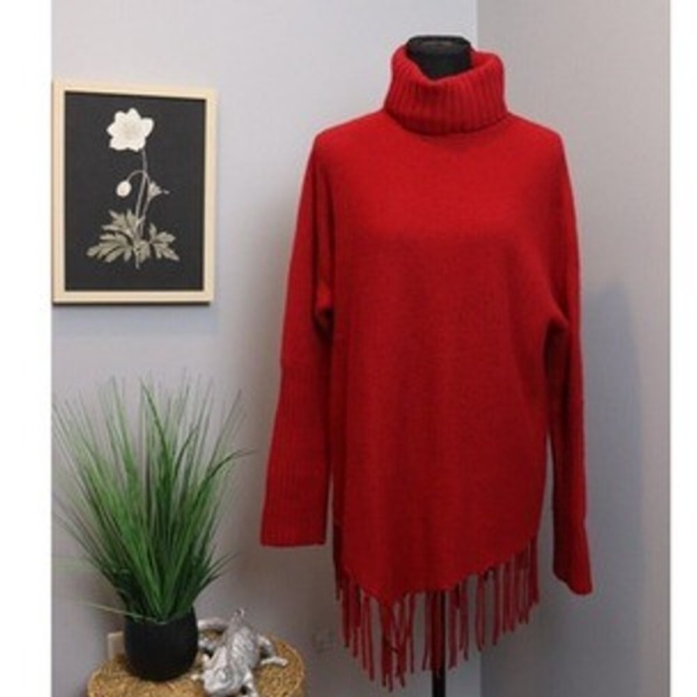 Lily Stanhope Turtleneck Sweater‎ Womens 1X Red Excellent Fringe Hem Long Sleeve